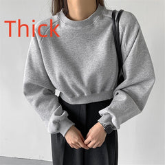 Round Neck Waist Trimming High Waist Short Sweatshirt - kinko