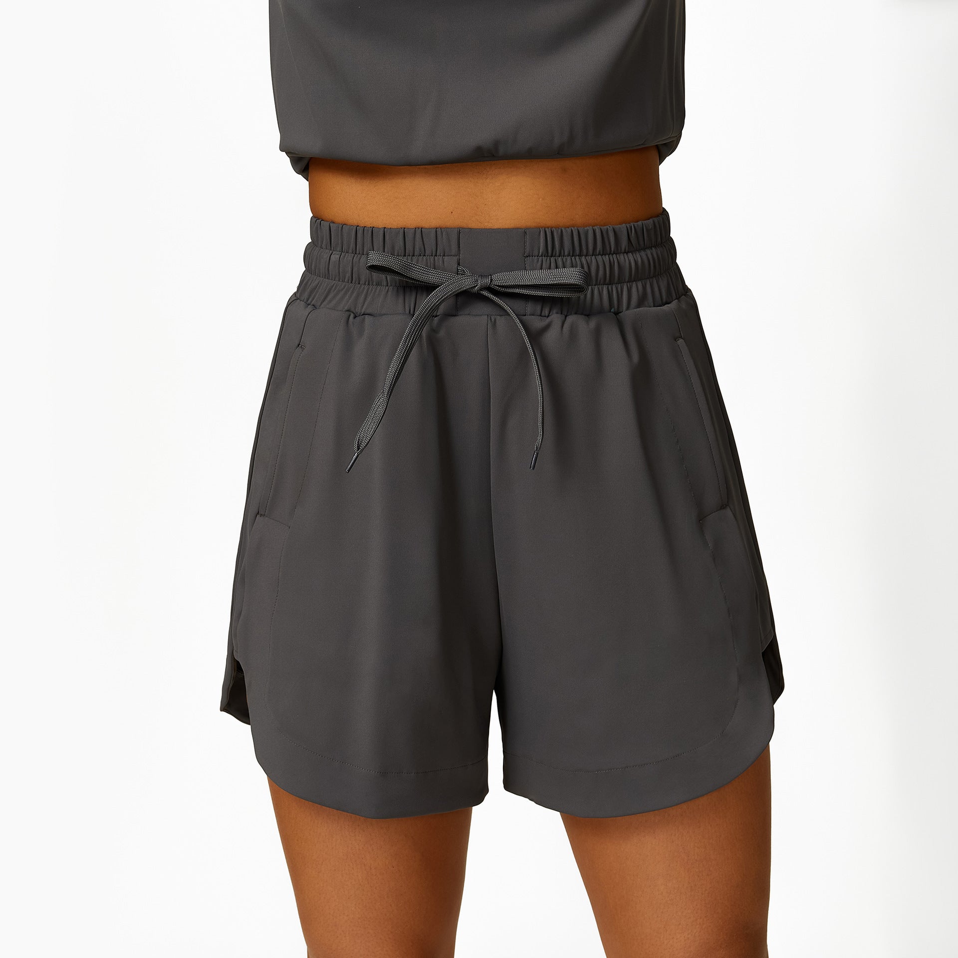 Loose Half Zipper And Lapel Sleeveless Top Casual Trousers Lace-up Shorts Three-piece Set - kinko