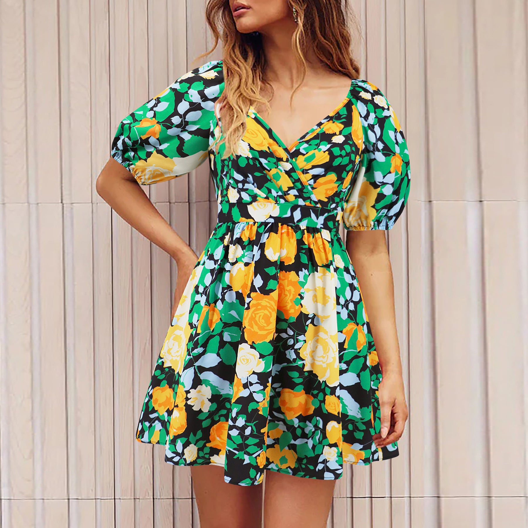 Flowers Print V-Neck Lantern-sleeve Dress Y2K Summer Vacation Beach Short Dresses Fashion Womens Clothing - kinko