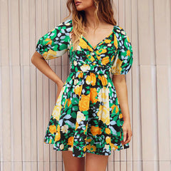Flowers Print V-Neck Lantern-sleeve Dress Y2K Summer Vacation Beach Short Dresses Fashion Womens Clothing - kinko