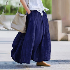 Women Bohemian Beach A-Line Dress Elastic Waist Flowy Long Maxi Skirt With Pockets - kinko