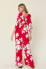 Double Take Full Size Printed Tie Back Wide Leg Jumpsuit - kinko