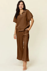 Double Take Full Size Texture Half Zip Short Sleeve Top and Pants Set - kinko