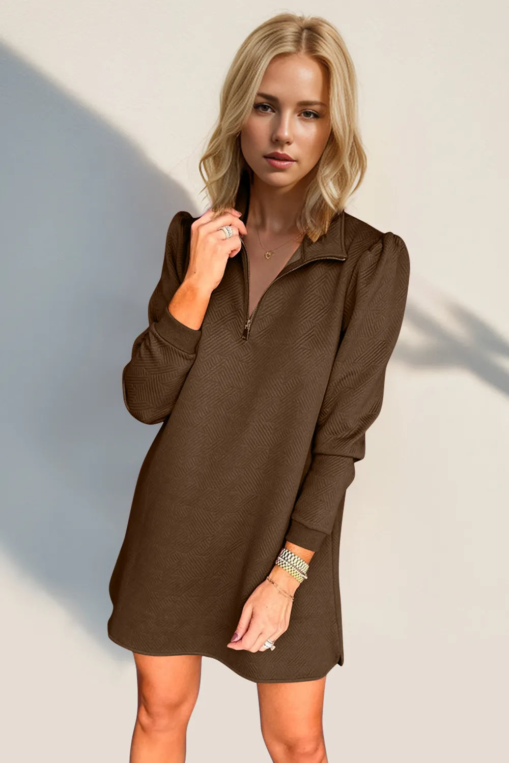 Double Take Textured Quarter Zip Long Sleeve Dress - kinko