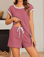 Short Sleeve Color-block Crew Neck Top Waist Drawstring Suit - kinko