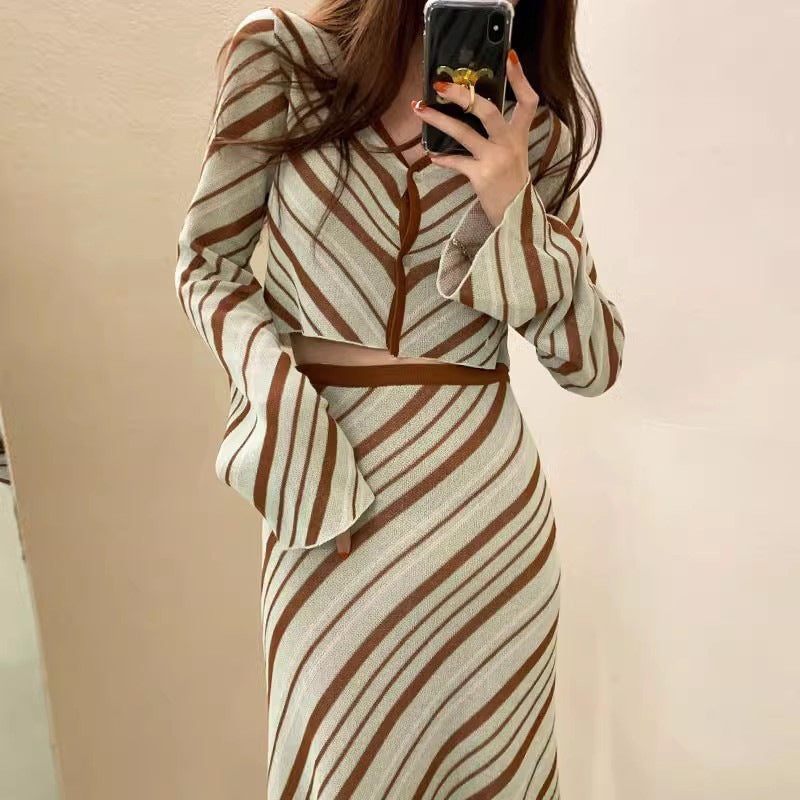 Two Short Knitwear High Waist Skirt Suit Women - kinko