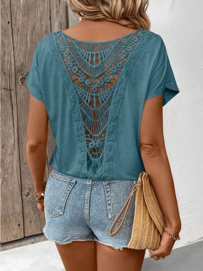 Lace Patchwork Short-sleeved T-shirt Women's Clothing - kinko