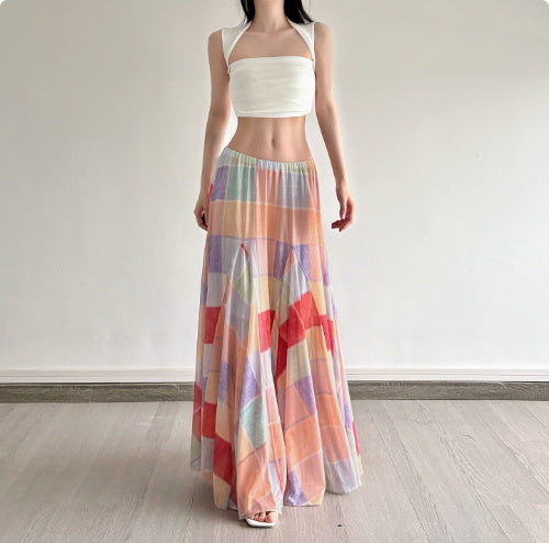 Colorful Flower Niche Artistic Colorblock Plaid Skirt - kinko