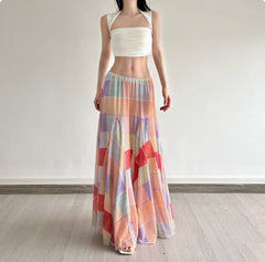 Colorful Flower Niche Artistic Colorblock Plaid Skirt - kinko