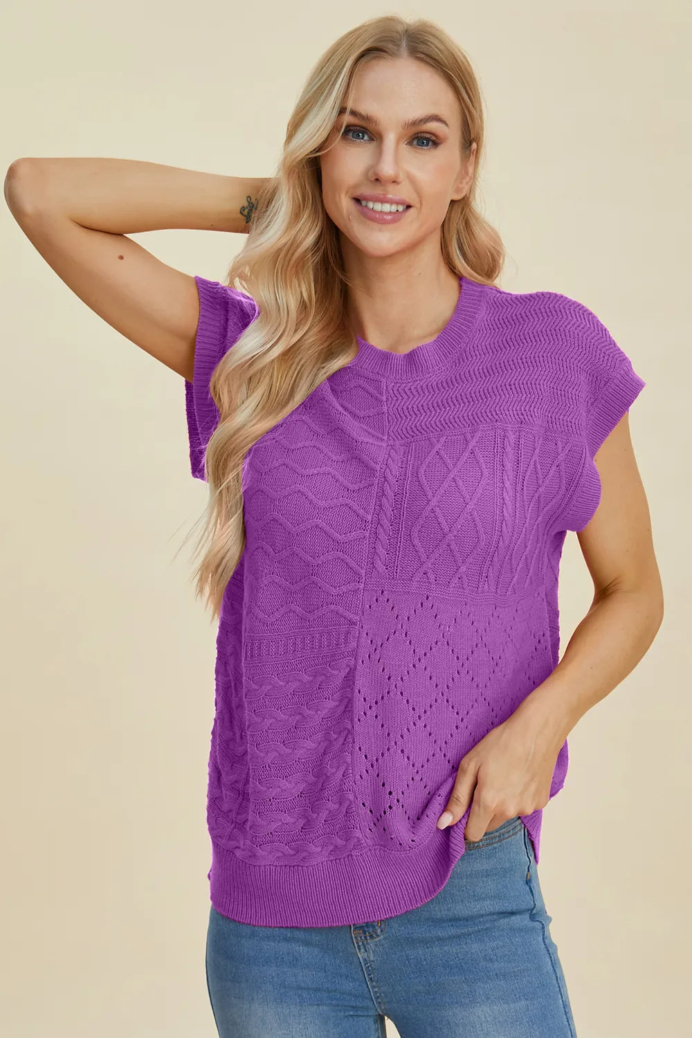 Double Take Full Size Cable-Knit Round Neck Cap Sleeve Sweater - kinko