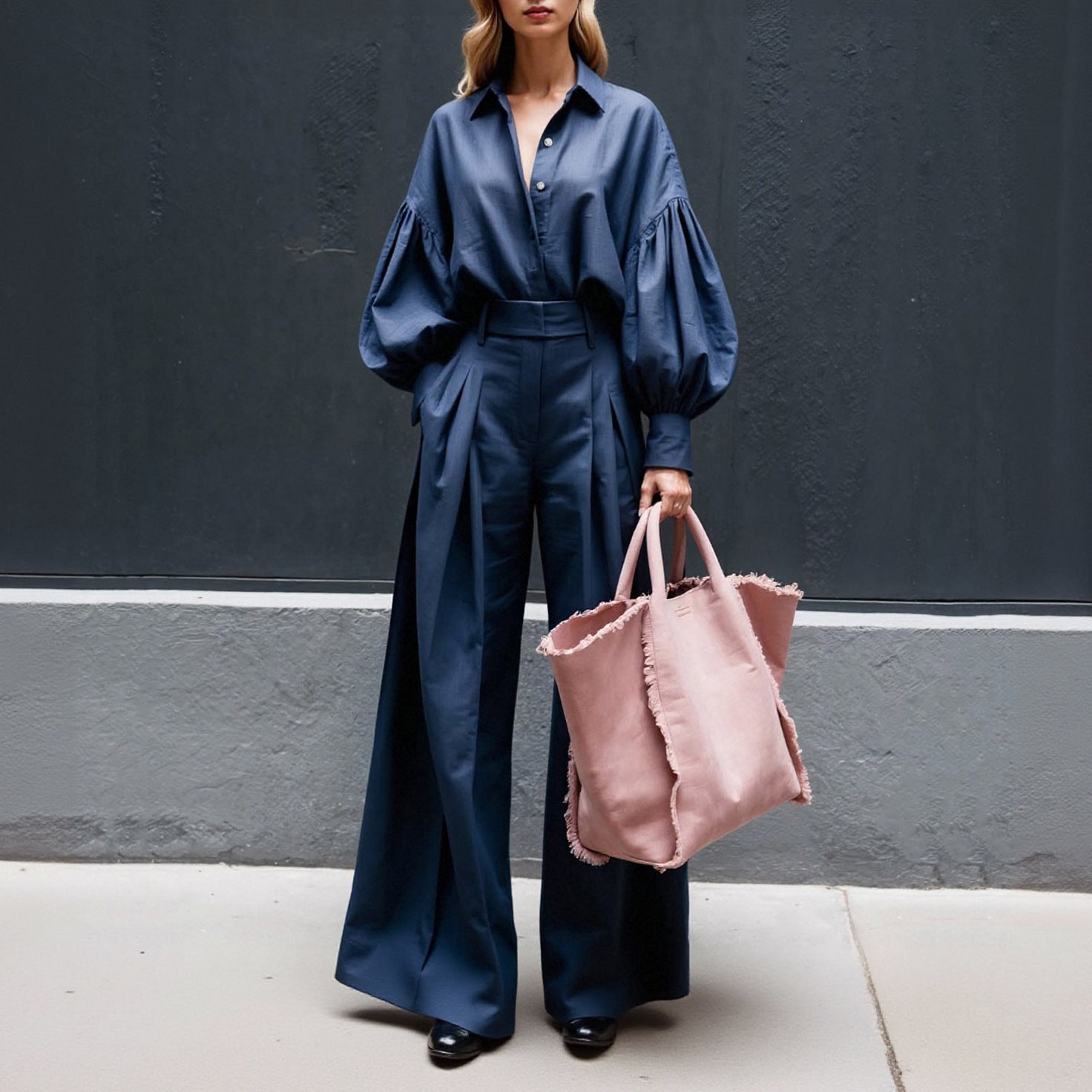 Long-sleeved Shirt Wide-leg Pants Cotton And Linen Two-piece Suit - kinko