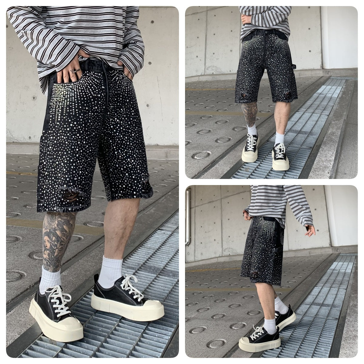 Men's Gradient Full Diamond Denim Shorts - kinko