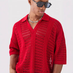 Hollow Mesh Texture Knitted Short-sleeved Polo Shirt - kinko