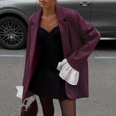 Lace Bell Sleeve Loose Casual Striped Blazer - kinko