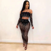 Fashion Sexy See-through Mesh Sequins Tassel Two-piece Set - kinko