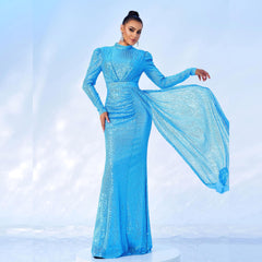 Long Sleeve Round Neck Sexy Slim Long Sequined Banquet Dress - kinko