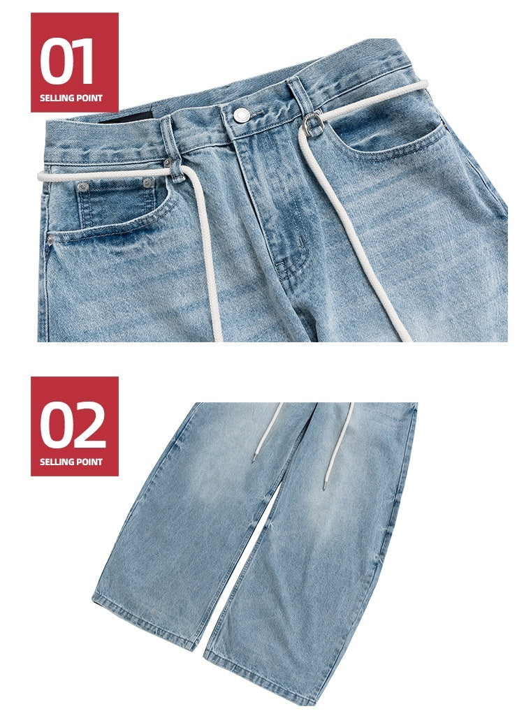 Retro Trousers Same Washed Vintage Washed Jeans With Drawstring Belt - kinko