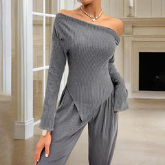 Women's Solid Color Off-Shoulder Long Sleeve Top & Pants Set - Elegant Asymmetrical Hem & Ruffes Cuff Casual Outfit - kinko