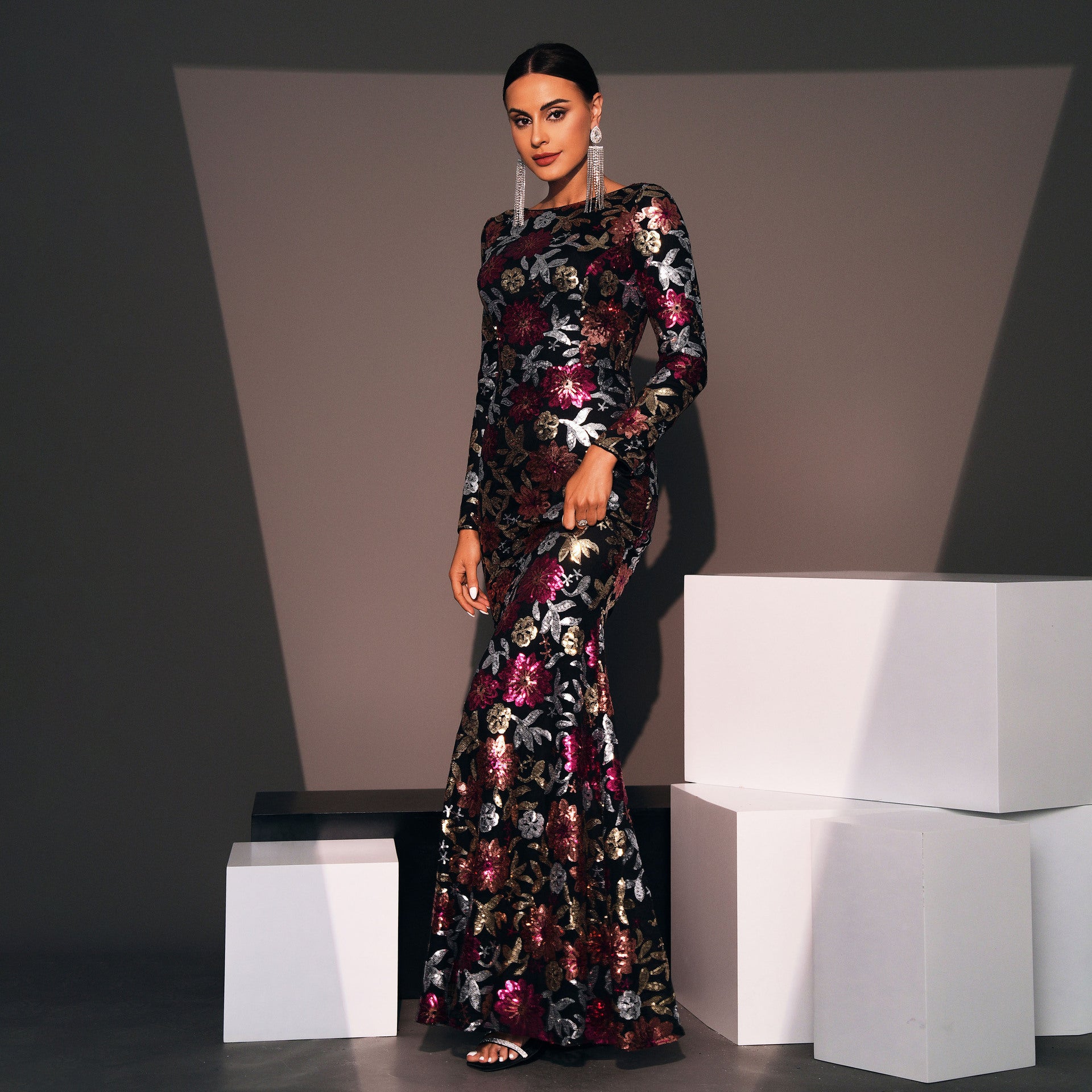 Evening Gown Long Sleeve Temperament Crew Neck Long Sequined Banquet Bridesmaid Dress - kinko