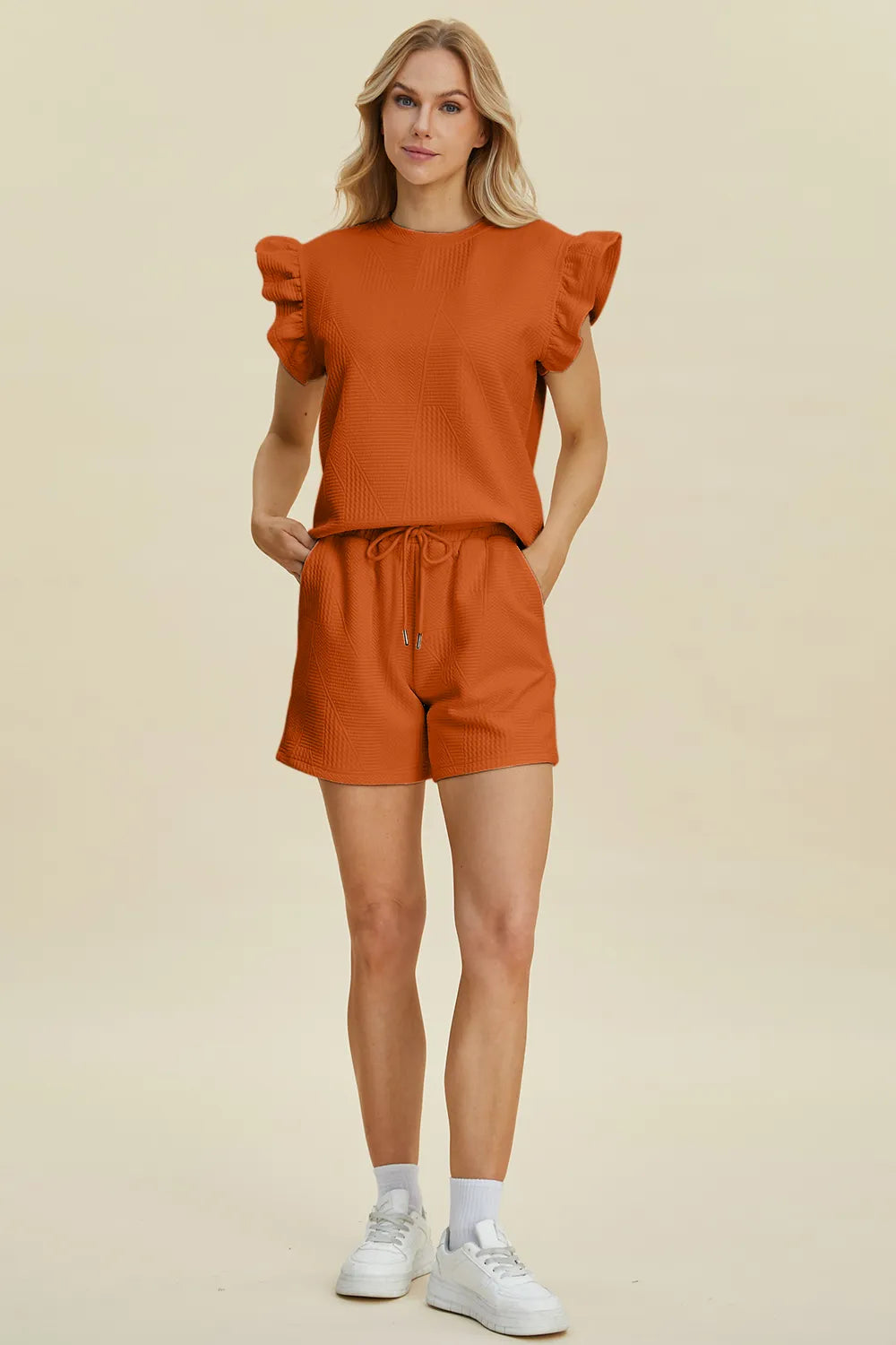 Double Take Full Size Texture Round Neck Ruffle Sleeve Top and Shorts Set - kinko