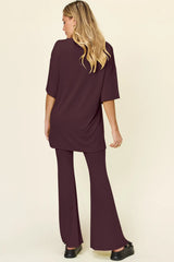 Double Take Full Size Round Neck Drop Shoulder T-Shirt and Flare Pants Set - kinko