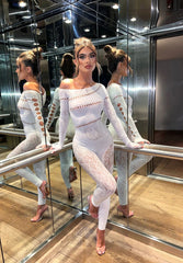 One-piece Long Sleeves Hot Rhinestone Shiny Fishnet Clothes Sexy Lingerie - kinko