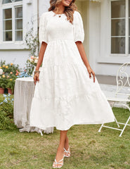Women's Summer Casual Lace Dress Floral Ruffle Puff Short Sleeve High Waist Midi Beach Dresses - kinko