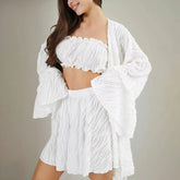 Ruffled Long Sleeve Nightgown Striped Tube Top Shorts Three Piece Pajamas Fall Home Wear Women