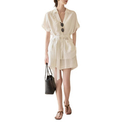 Imitation Cotton And Linen Texture Heavy Industry Short Sleeve Shirt Coat Shorts Suit - kinko