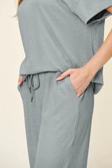 Double Take Full Size Texture Round Neck Short Sleeve T-Shirt and Wide Leg Pants - kinko