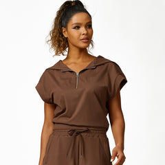 Loose Half Zipper And Lapel Sleeveless Top Casual Trousers Lace-up Shorts Three-piece Set - kinko