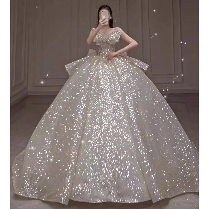 One-shoulder High-quality Long Trailing Heavy Industry Retro Wedding Dress - kinko