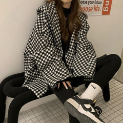 Female Houndstooth Embroidered Baseball Uniform Fall Winter Coat