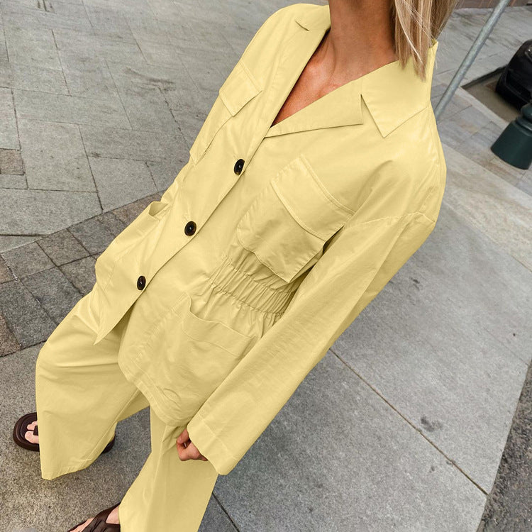 Lapel Long Sleeve Waist-controlled Top Wide Leg Pants Two-piece Set - kinko