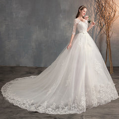 Wedding Dress Trailing Deep V Neck Lace High Waist Wedding Dress Long Sleeves - kinko