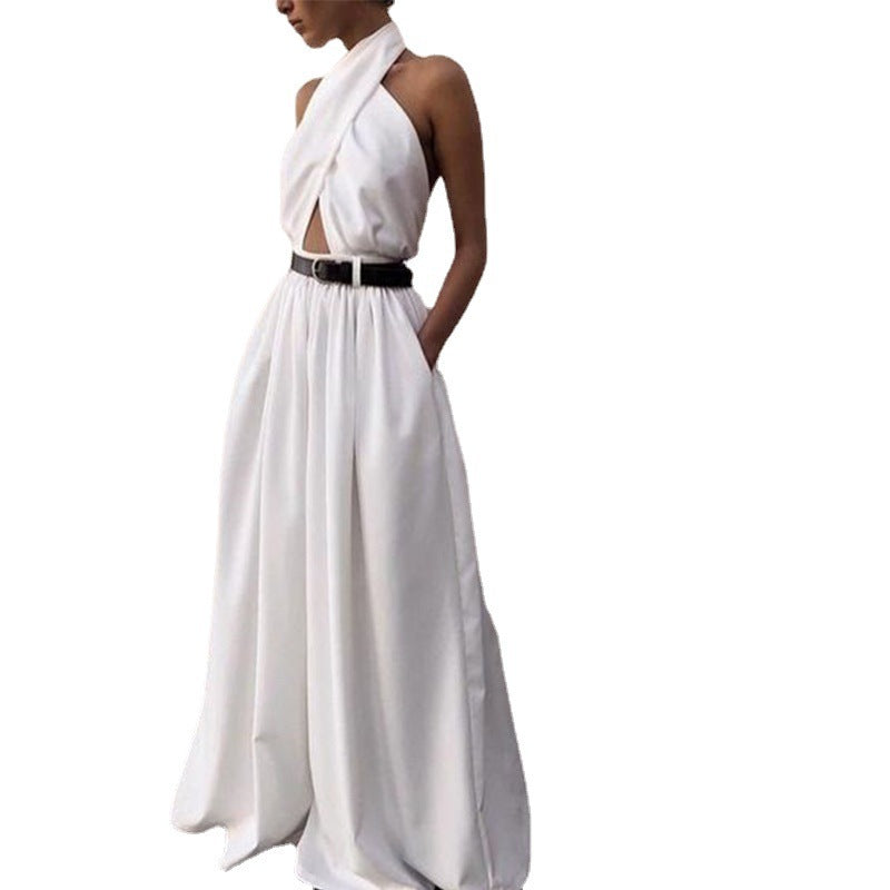 Polyester Women's Sexy Sleeveless Halter Backless Jumpsuit - kinko