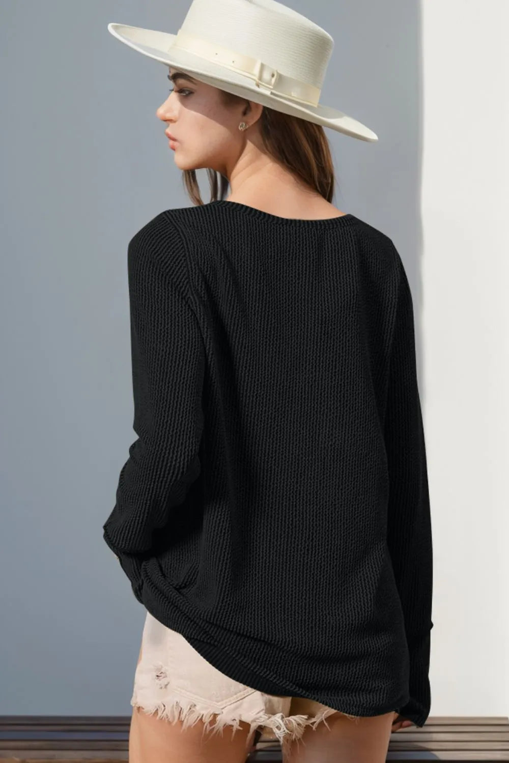 Double Take Full Size Notched Thumbhole Long Sleeve T-Shirt - kinko