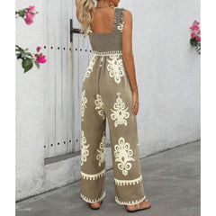 Women's Summer Boho Jumpsuits One Piece Beach Vacation Outfits Shirred Strap Wide Leg Pants Rompers With Pockets - kinko