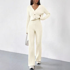 Solid Color Knitted Two-piece Women's V-neck Short Knitted Cardigan Bootcut Trousers Versatile Casual Women's Clothing - kinko