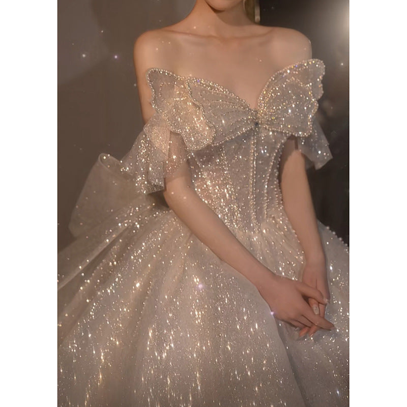 One-shoulder High-quality Long Trailing Heavy Industry Retro Wedding Dress - kinko