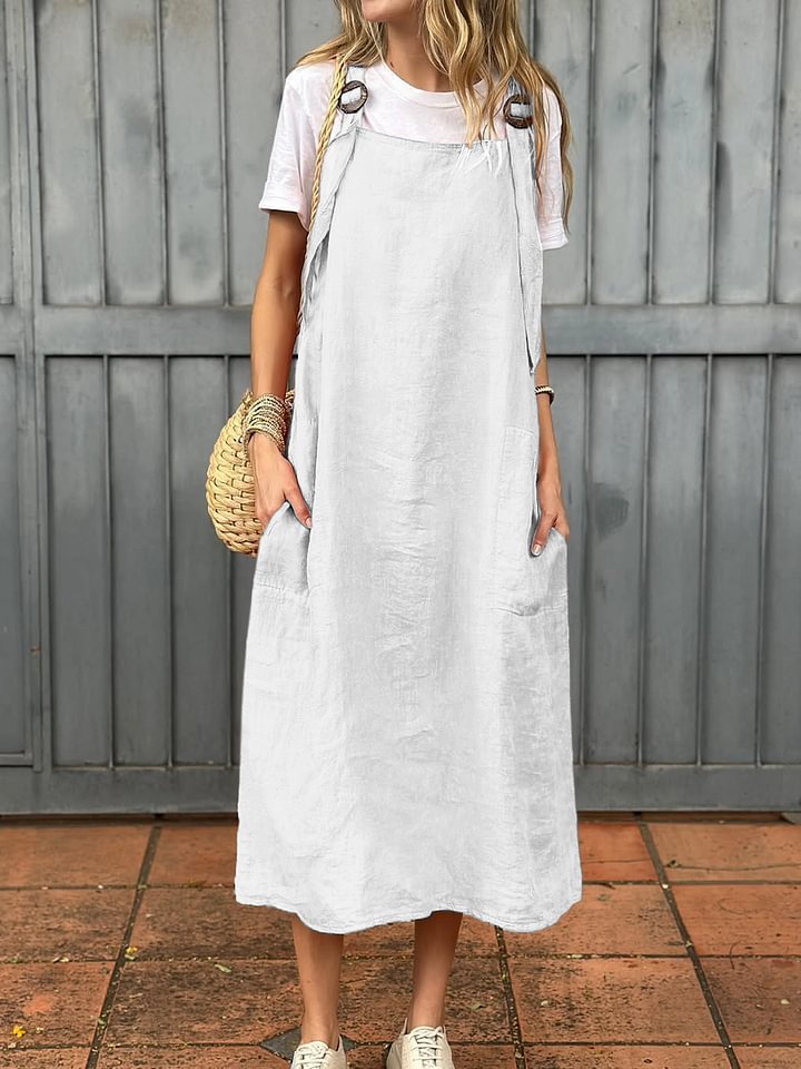 Summer Women's Adjustable Shoulder Strap Casual Cotton And Linen Dress - kinko
