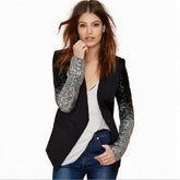 Women Thin Jacket Coat Spring Autumn Long Sleeve Lapel Fashion Silver Black Sequin Elegant Slim Work Blazers Suit feminino - kinko
