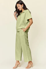 Double Take Full Size Texture Half Zip Short Sleeve Top and Pants Set - kinko