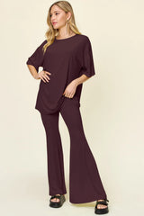 Double Take Full Size Round Neck Drop Shoulder T-Shirt and Flare Pants Set - kinko