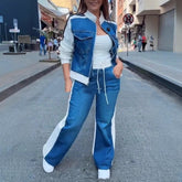 Women's Fashion Denim Stitching Long-sleeve Zipper Two-piece Set - kinko