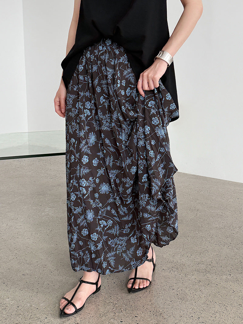 Vintage Floral Women's Summer Loose Pleated High Waist Drooping A- Line Umbrella Skirt - kinko
