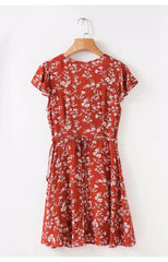 Design V-neck Tropical Print Ruffle Dress