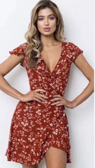 Design V-neck Tropical Print Ruffle Dress