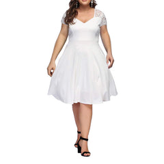 New Summer Plus Size Dresses Sexy V-neck Lace Vestido Largo Big Size Hollow out Zipper Short-sleeve Slim Large-size Dress - kinko