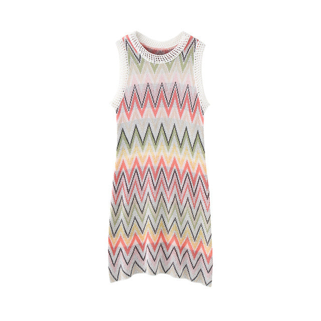 Rainbow Knit Dress Women Mini Dresses Patchwork Casual - kinko